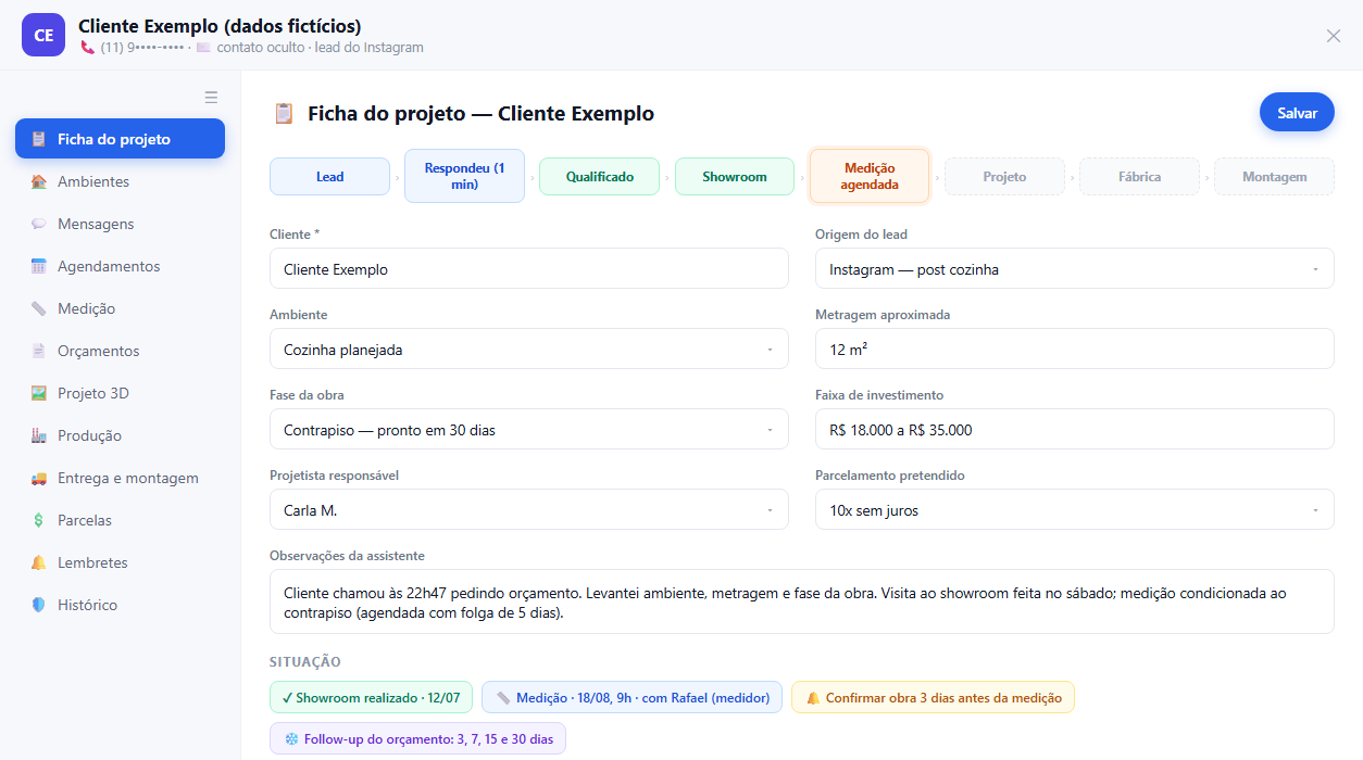 Ficha do projeto com o funil do cliente